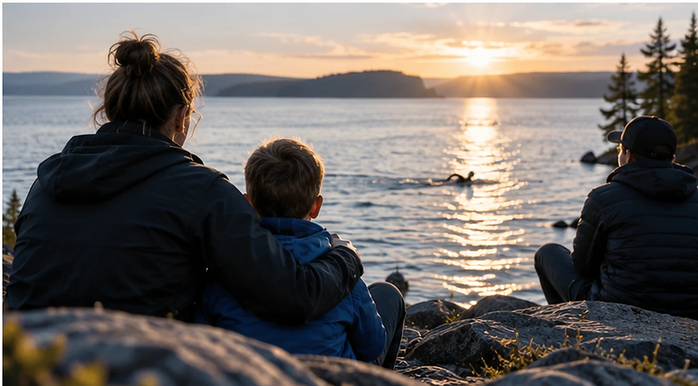 Family watching an open-water swimmer at sunset, symbolizing support and hope