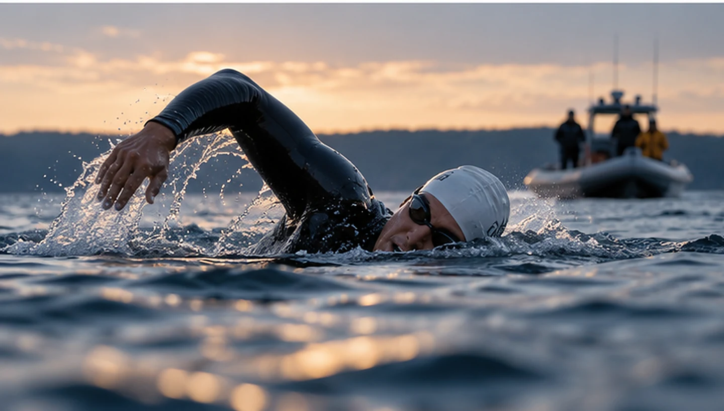 Endurance swimmer in open water with support boat during The Great Lakes Mission