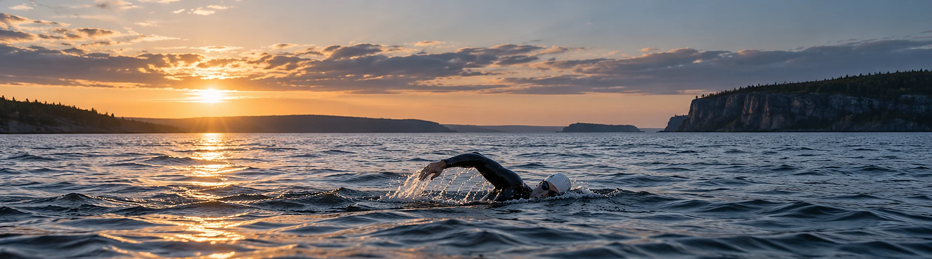 Open-water swimmer at sunrise for The Great Lakes Mission Swim Against Cancer