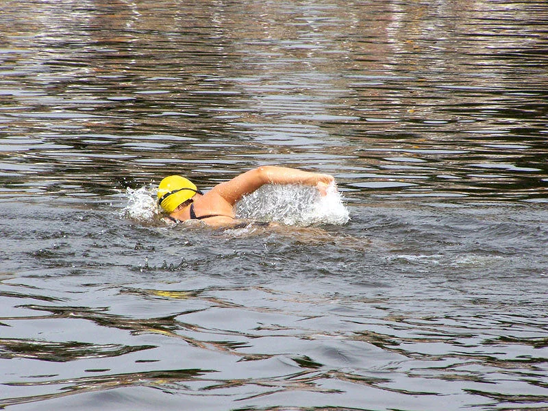 Swimmer wearing a yellow cap swimming in the Elbe