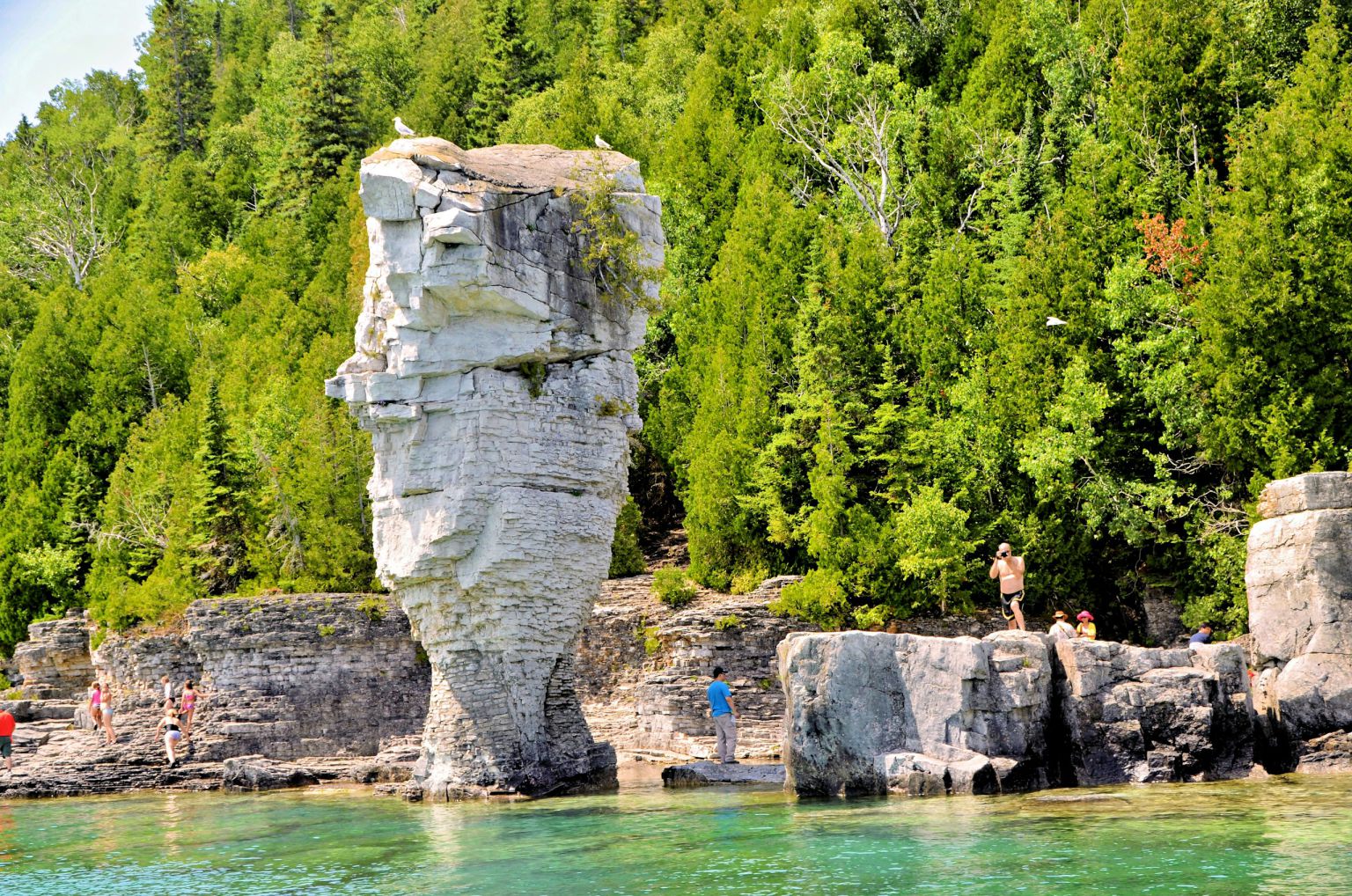 Limestone sea stack and rocky shore at Flowerpot Island in Lake Huron